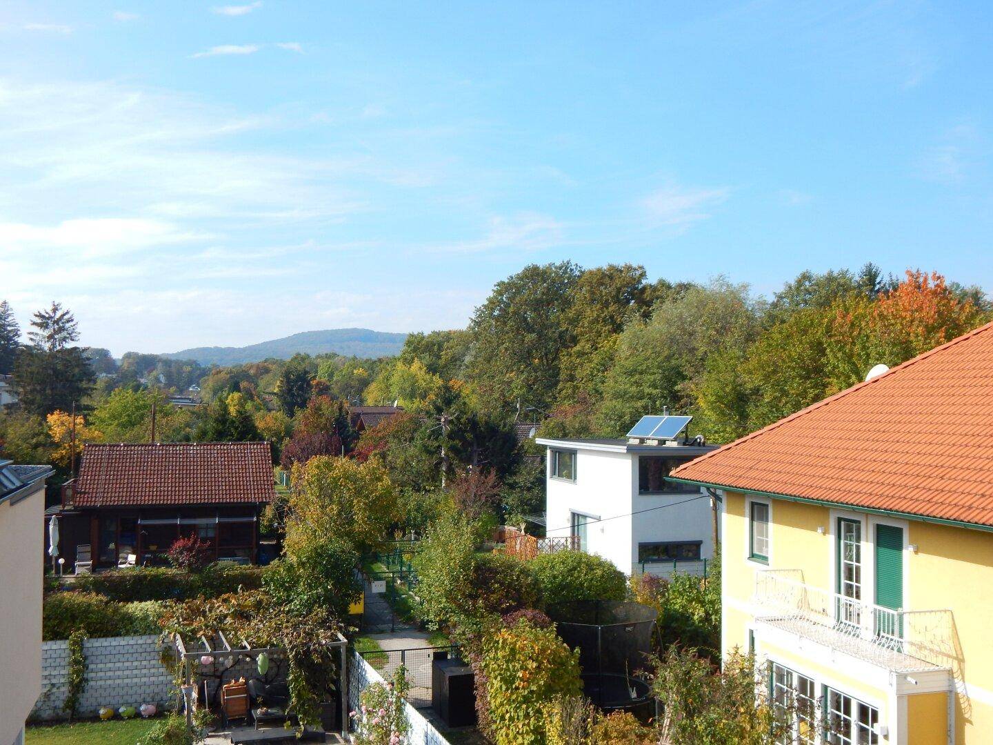 Weitläufiger Blick über die grüne Landschaft und die Dächer der umliegenden Häuser.