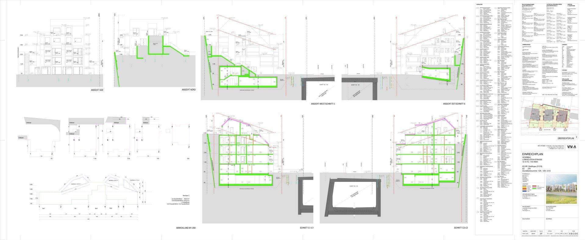 Architektonische Zeichnungen mit Querschnitten und Fassadenansichten, die die Gebäudestruktur verdeutlichen.