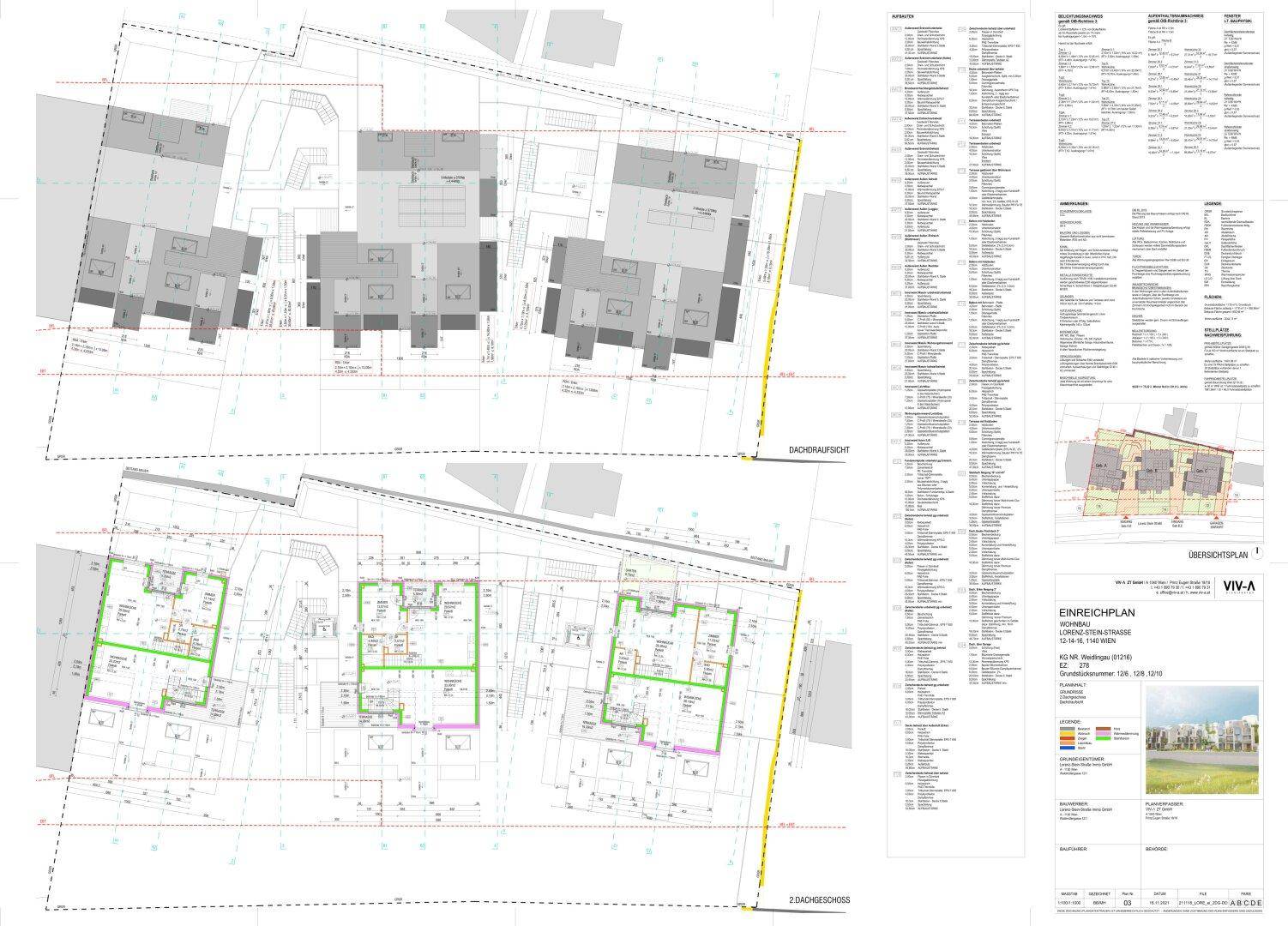 Architektonischer Plan mit Grundrissen für Zwischen- und Dachgeschosse, inklusive Außenbereichen.
