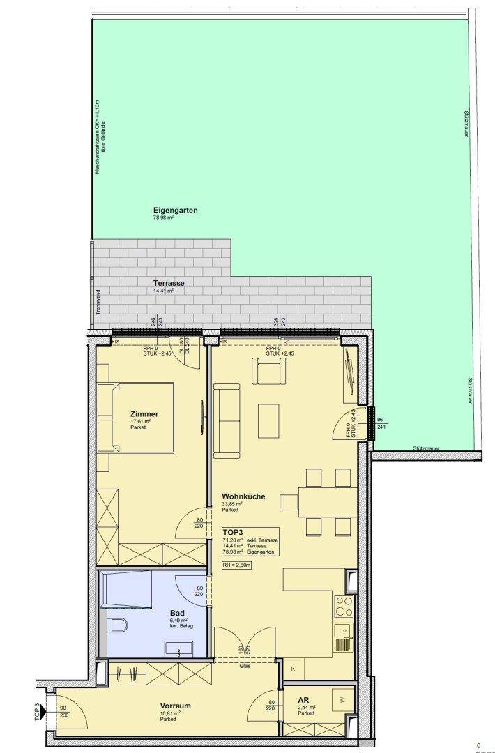 Grundriss einer Wohnung mit Wohnküche, Schlafzimmer, Bad, Vorraum und direktem Zugang zu Terrasse und Garten.