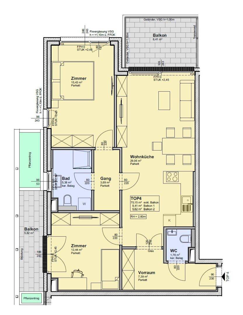Dieser Grundriss zeigt eine Wohnung mit offener Wohnküche, zwei Schlafzimmern, einem Bad und separatem WC sowie zwei Balkonen.