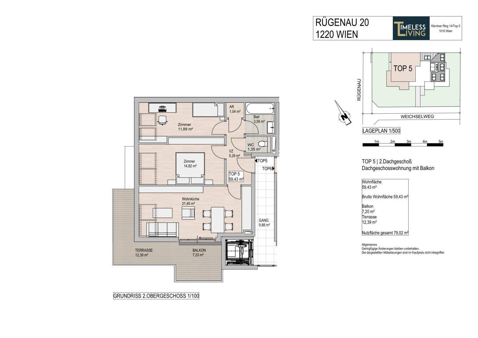 Grundriss der Dachgeschosswohnung Top 5 mit zwei Zimmern, Bad, WC, Balkon und Terrasse.