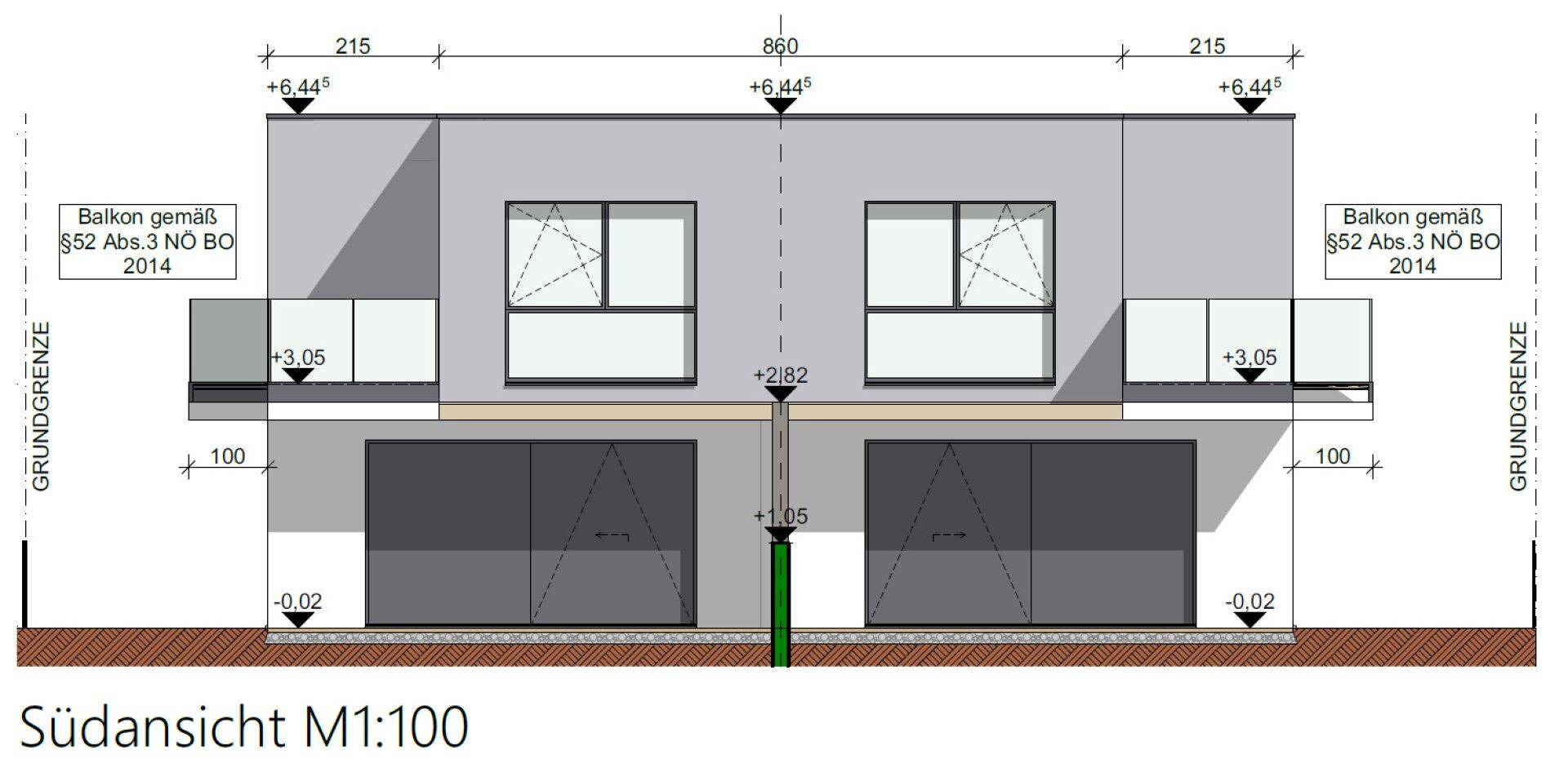 Südansicht der Doppelhaushälfte mit Balkonen und großen Fensterfronten, betont die klare Linienführung.