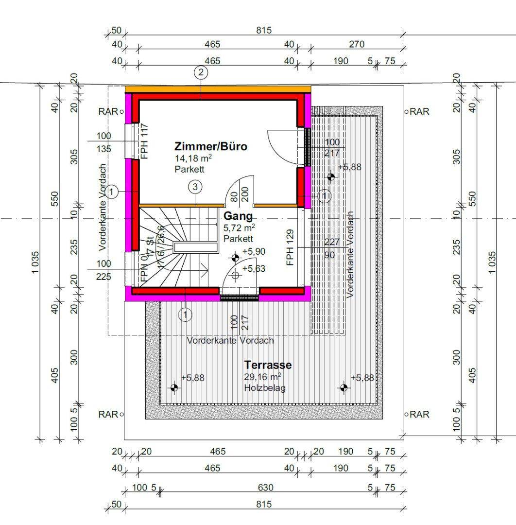 Grundriss des Dachgeschosses von TOP 2 mit einem Zimmer/Büro und einer großzügigen Dachterrasse.