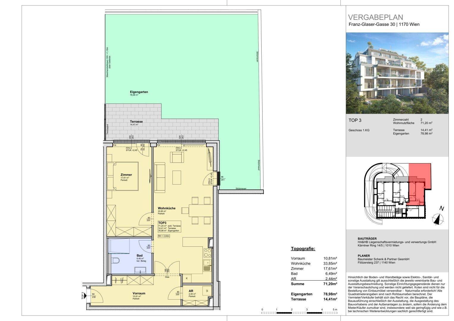 Grundriss der Wohnung TOP 3 mit großem Wohnbereich, Schlafzimmer, Bad und weitläufigem Garten.