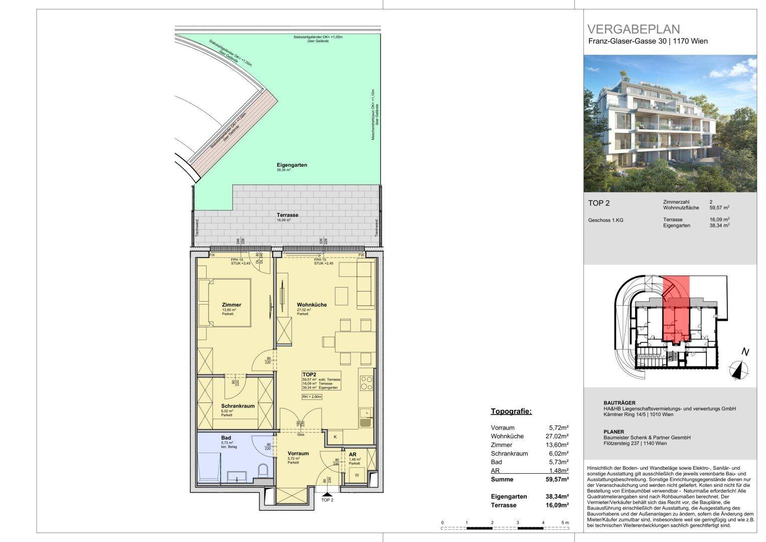 Grundriss der Wohnung TOP 2 mit Wohnküche, Schlafzimmer, Bad und Zugang zu Garten und Terrasse.