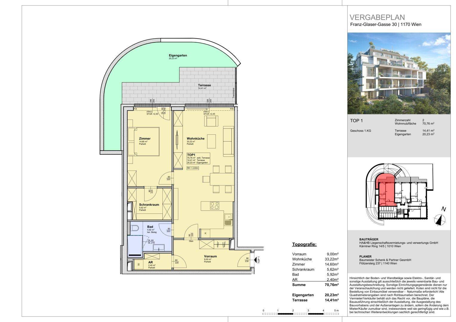 Grundriss der Wohnung TOP 1 mit offenem Wohnbereich, Schlafzimmer und großem Garten mit Terrasse.