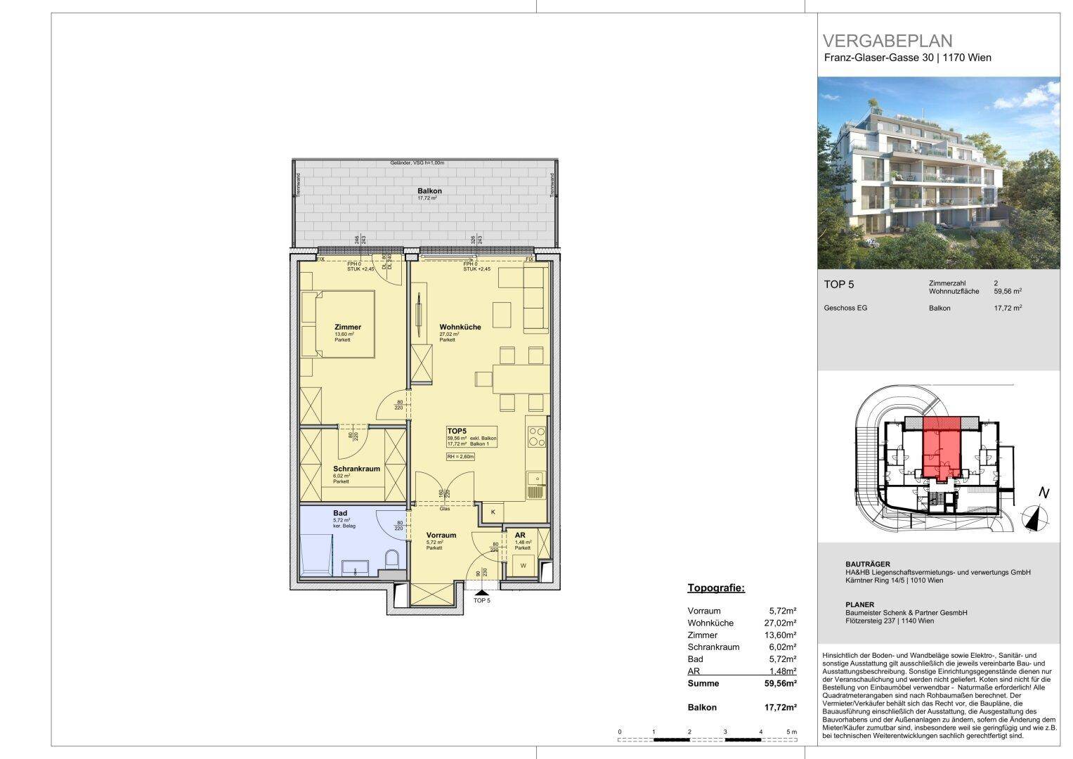 Grundriss der Wohnung TOP 5 mit einem Schlafzimmer, Wohnküche, Bad, WC und großem Balkon.