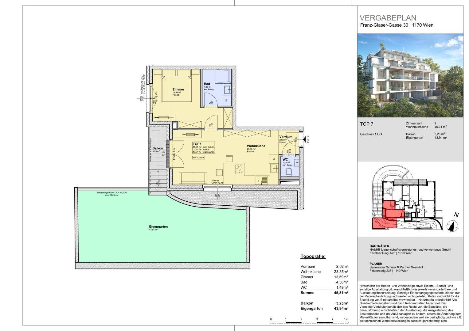 Grundriss der Wohnung TOP 7 mit einem Schlafzimmer, Wohnküche, Bad, Balkon und Garten.