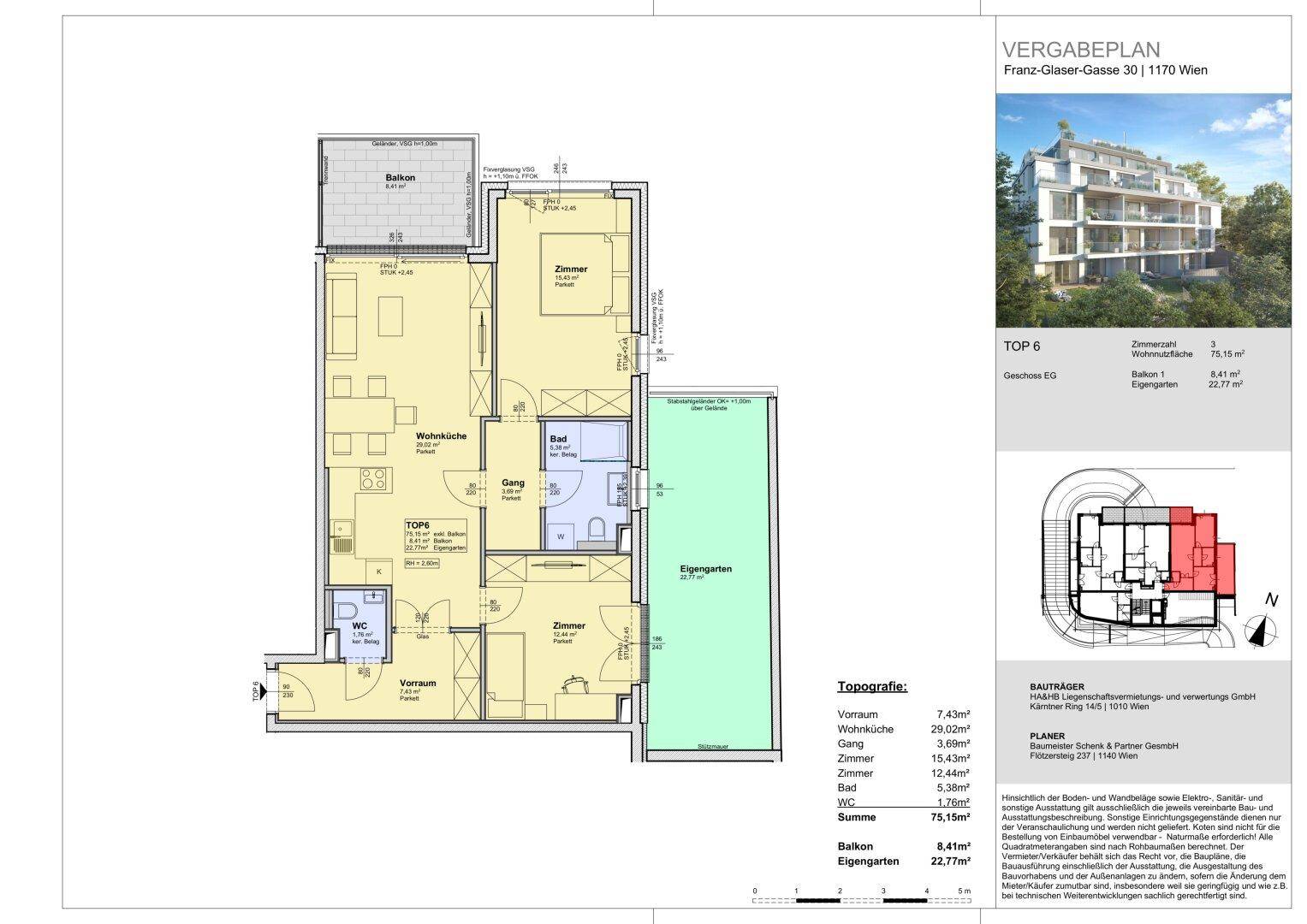 Grundriss der Wohnung TOP 6 mit zwei Schlafzimmern, Wohnküche, Bad, Balkon und Garten.