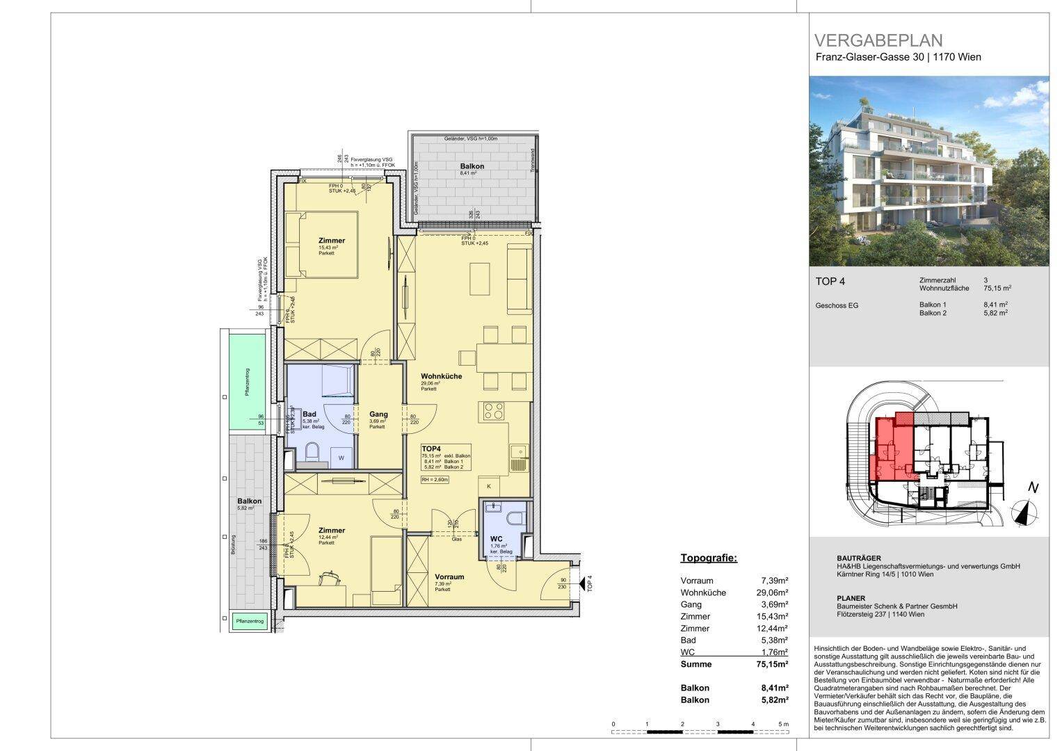 Grundriss der Wohnung TOP 4 mit zwei Schlafzimmern, Wohnküche, Bad, WC und zwei Balkonen.