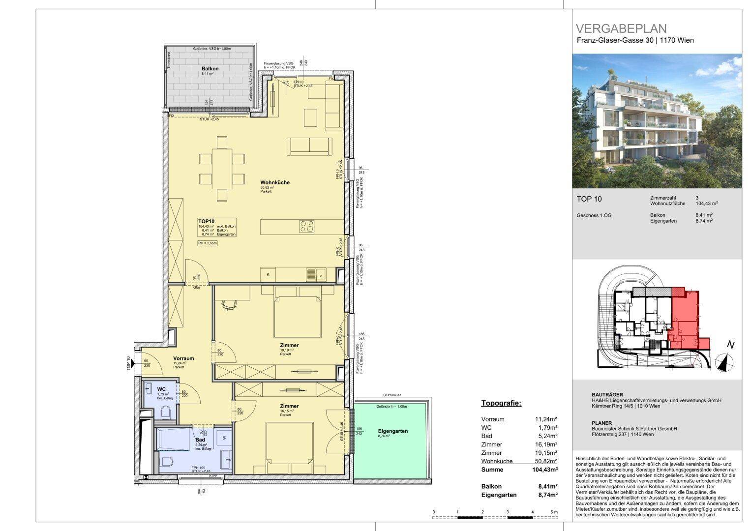 Grundriss der Wohnung TOP 10 mit zwei Schlafzimmern, Wohnküche, Bad, Balkon und Garten.