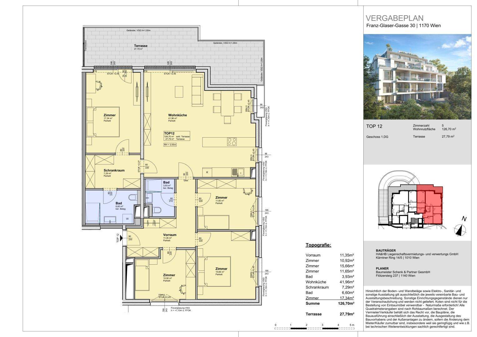 Grundriss der Wohnung TOP 12 mit drei Schlafzimmern, Wohnküche, zwei Bädern und Terrasse.