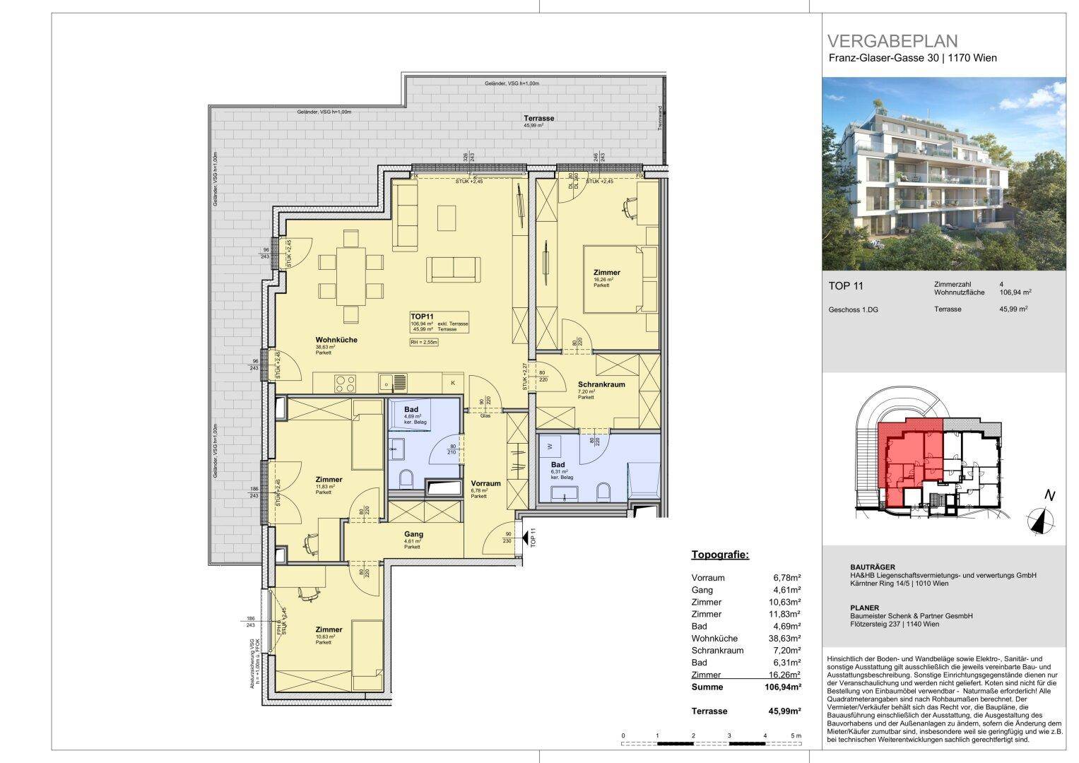 Grundriss der Wohnung TOP 11 mit drei Schlafzimmern, Wohnküche, zwei Bädern und großer Terrasse.