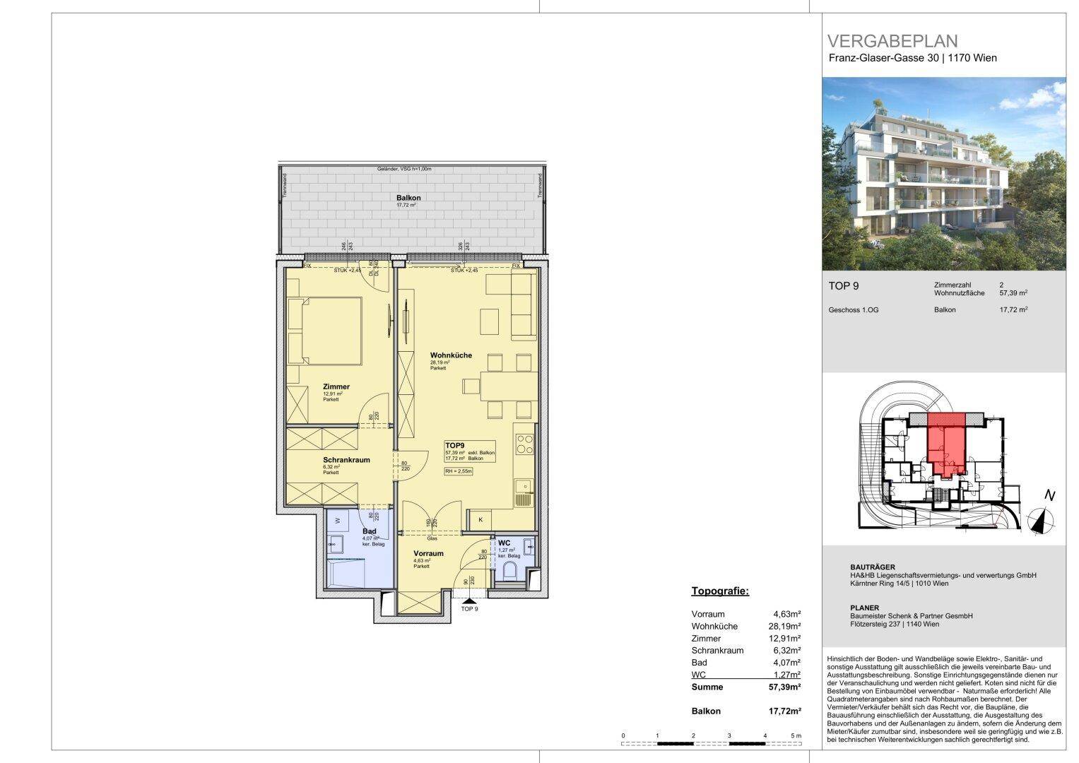 Grundriss der Wohnung TOP 9 mit einem Schlafzimmer, Wohnküche, Bad, WC und Balkon.