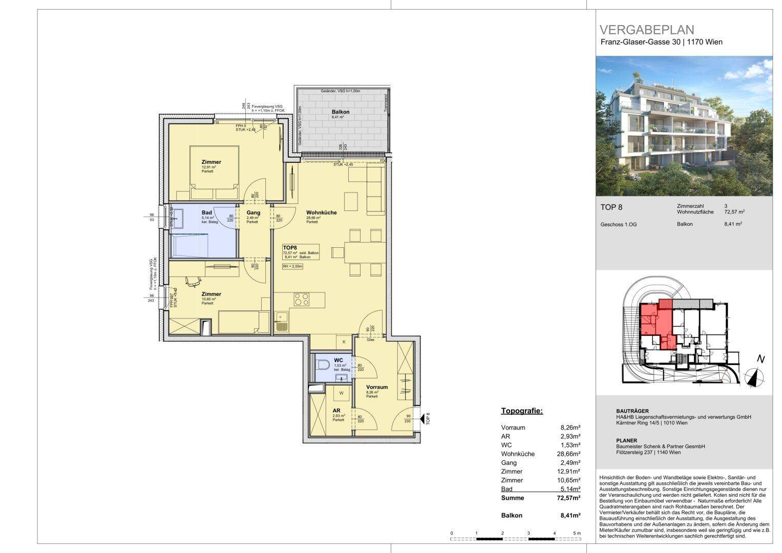 Grundriss der Wohnung TOP 8 mit zwei Schlafzimmern, Wohnküche, Bad, WC und Balkon.