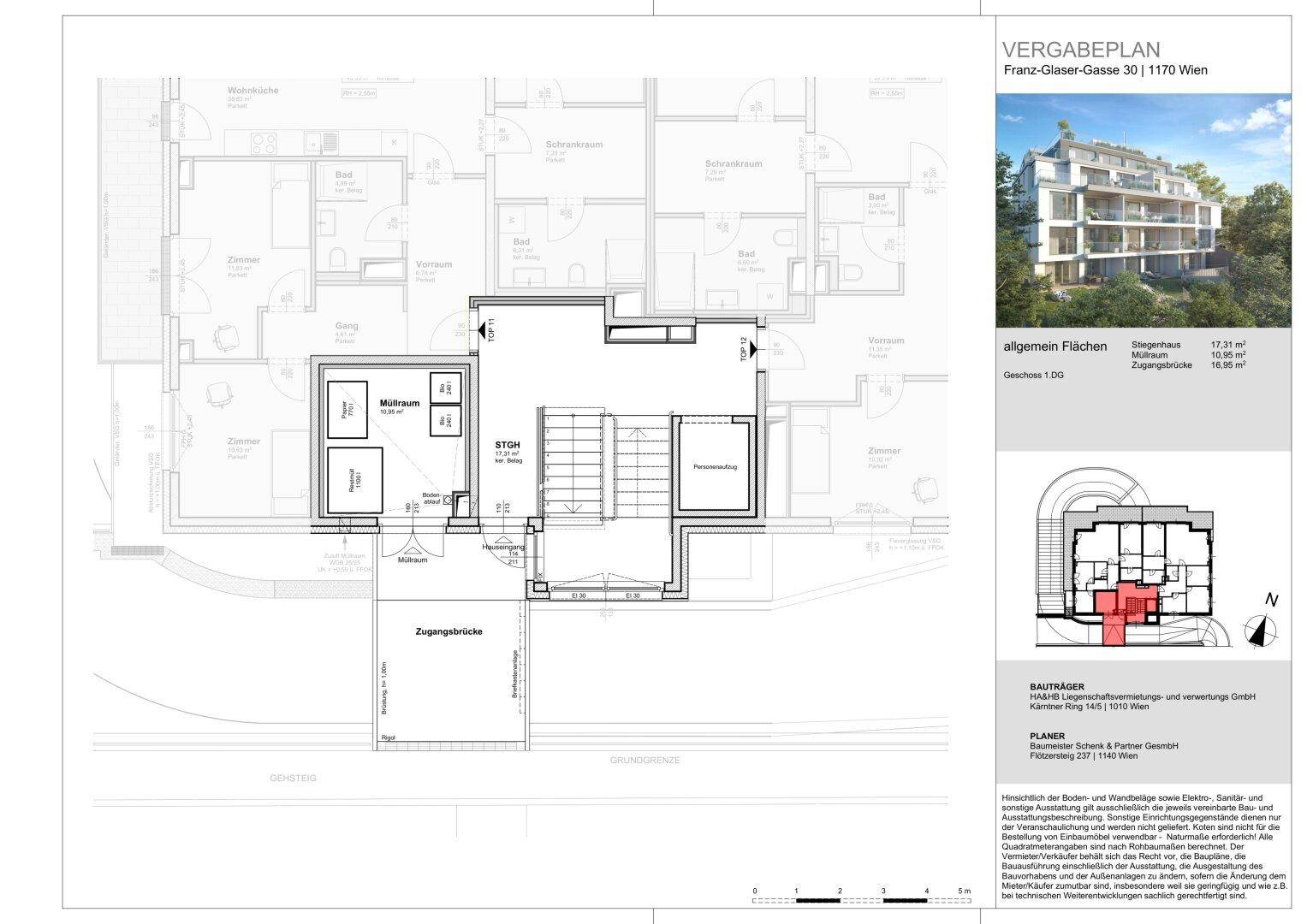 Grundriss des Erdgeschosses mit Treppenhaus, Eingangsbereich und Müllräumen für die Bewohner.