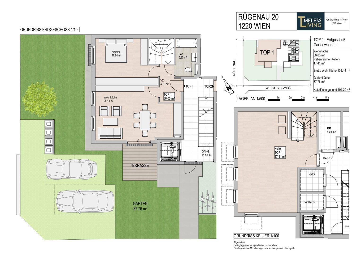 Grundriss Erdgeschoss Top 1 mit Terrasse, Garten und zwei Außenstellplätzen.