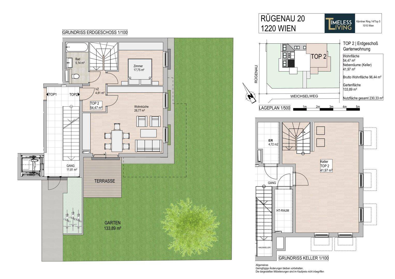 Grundriss Erdgeschoss Top 2 mit großem Garten, Terrasse und Kellerabteil.