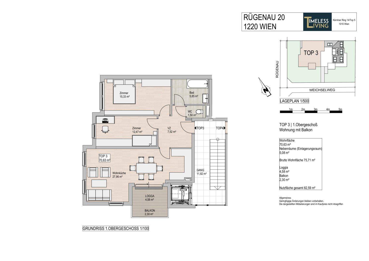 Grundriss Obergeschoss Top 3 mit Loggia, Balkon und drei Schlafzimmern.