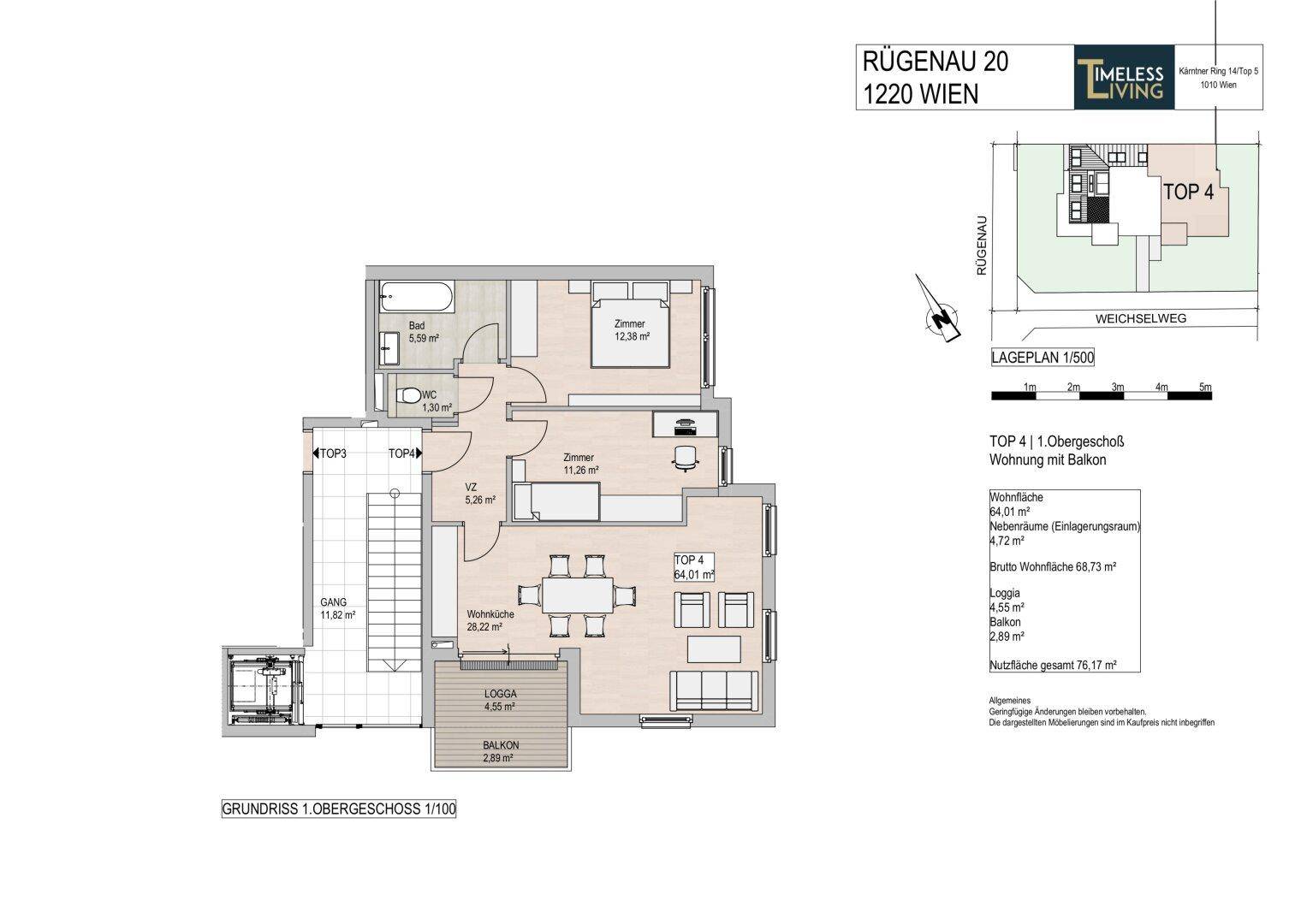 Grundriss Obergeschoss Top 4 mit Loggia, Balkon und zwei Schlafzimmern.