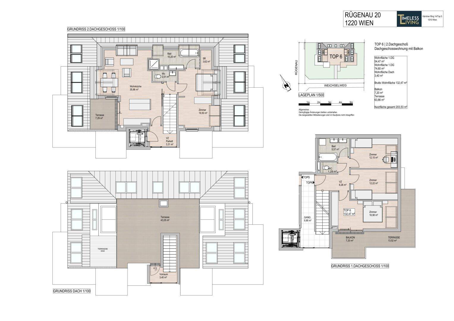 Grundriss Dachgeschoss Top 6 mit großer Terrasse, Balkon und mehreren Zimmern.