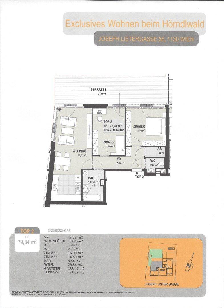 Grundriss einer Wohneinheit mit Terrasse, offenem Wohnbereich und Schlafzimmer.
