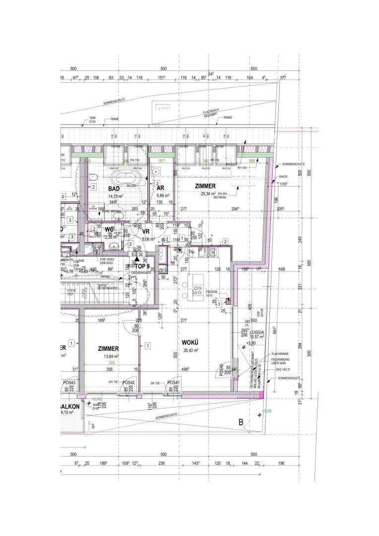 Detaillierter Grundriss einer Wohneinheit mit Loggia, Bad und Schlafzimmern.