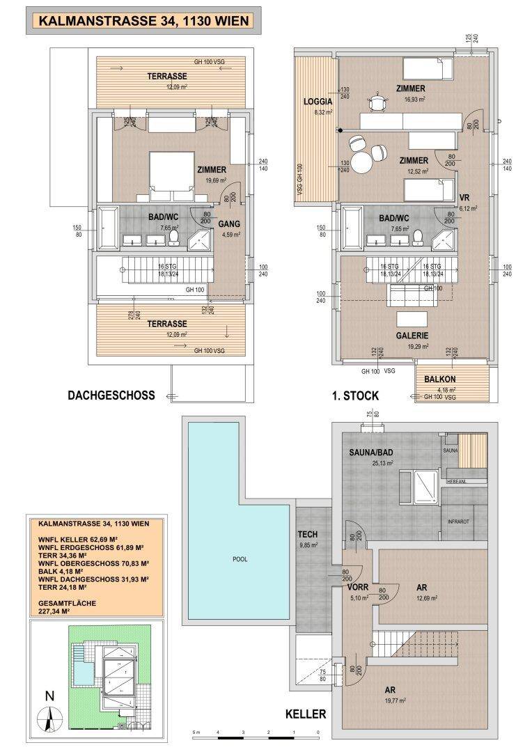Grundriss der oberen Etagen und des Kellers mit Zimmern, Bädern, Loggia, Terrassen und Sauna.