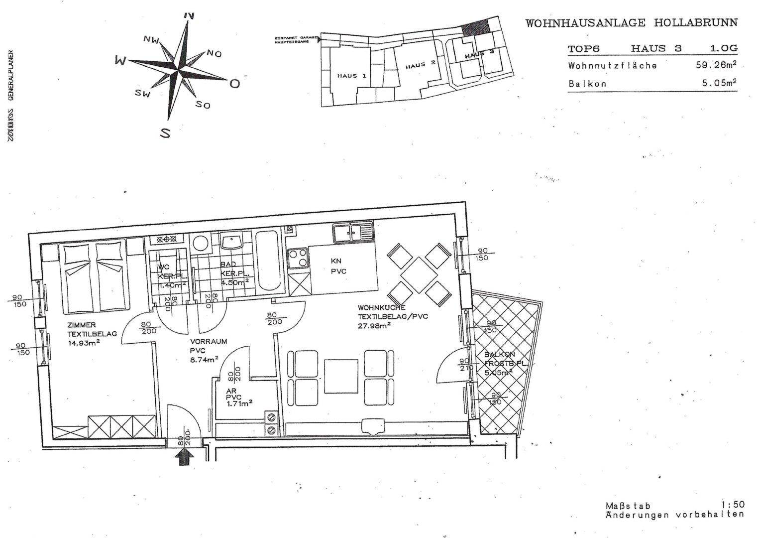 Grundriss der Wohnung Top 6 in Haus 3 mit Wohnnutzfläche und Balkon.