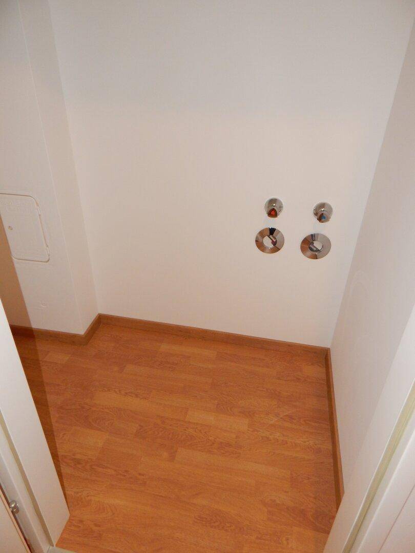Kleiner Raum mit Laminatboden und Anschlüssen für Waschmaschine und Trockner.