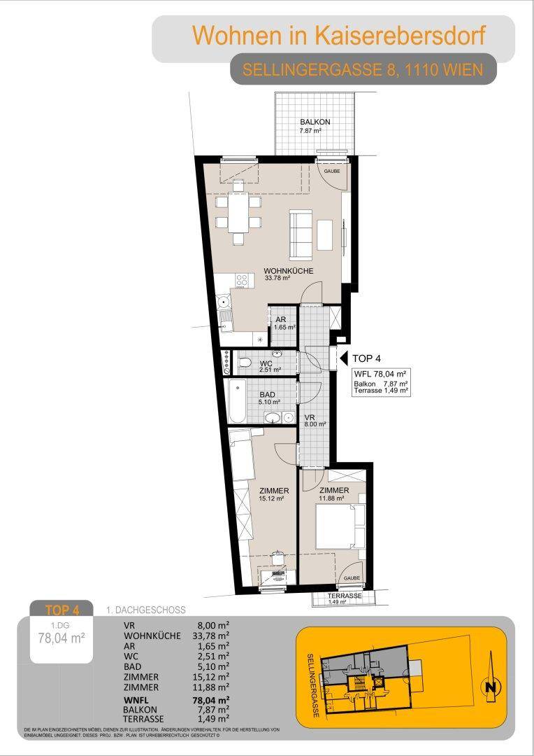 Grundriss der Wohnung TOP 4 im Dachgeschoss mit offener Wohnküche, zwei Zimmern, Bad, separatem WC, Balkon und Terrasse.