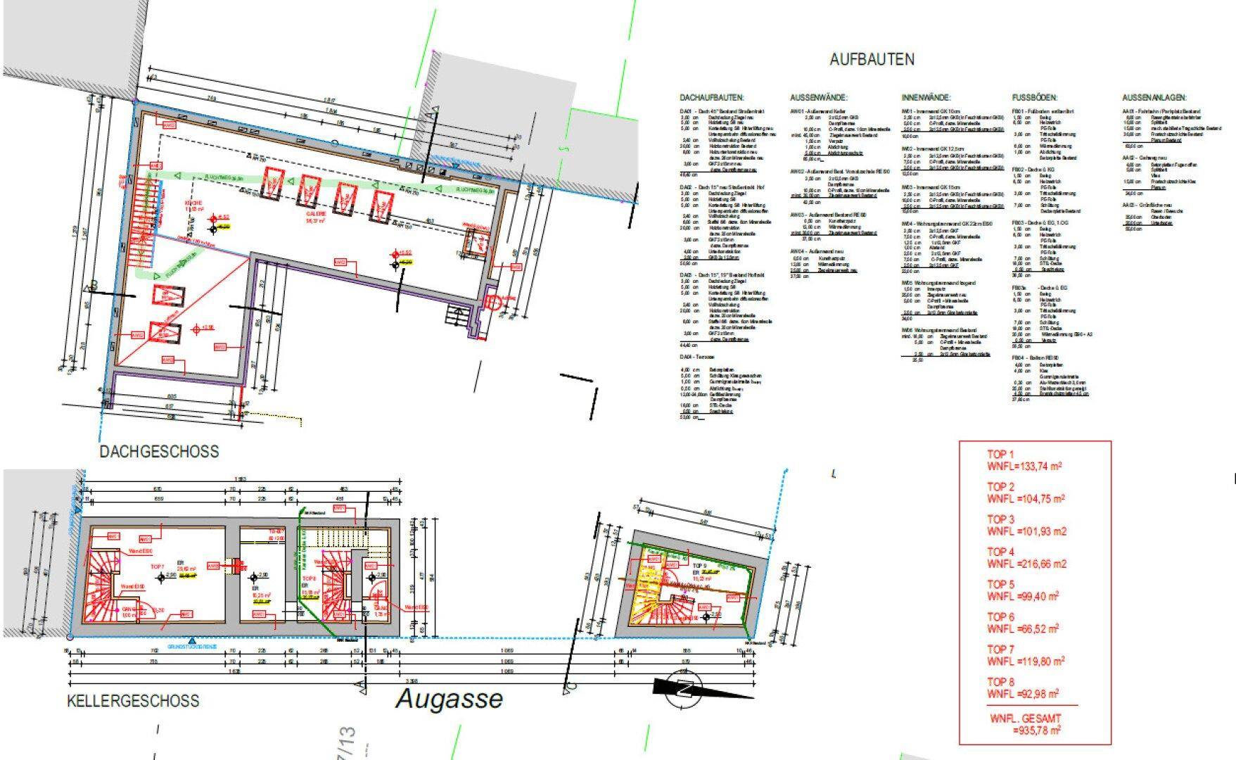 Grundrisse des Dachgeschosses und Kellergeschosses mit Treppen und Lagerbereichen.