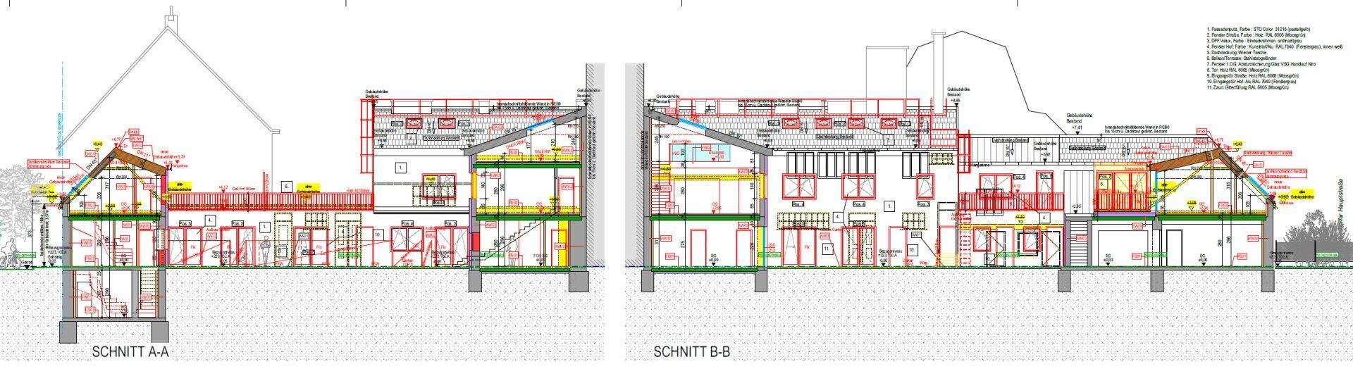 Gebäudeschnitte zeigen die interne Struktur, Geschosse und Dachkonstruktion.