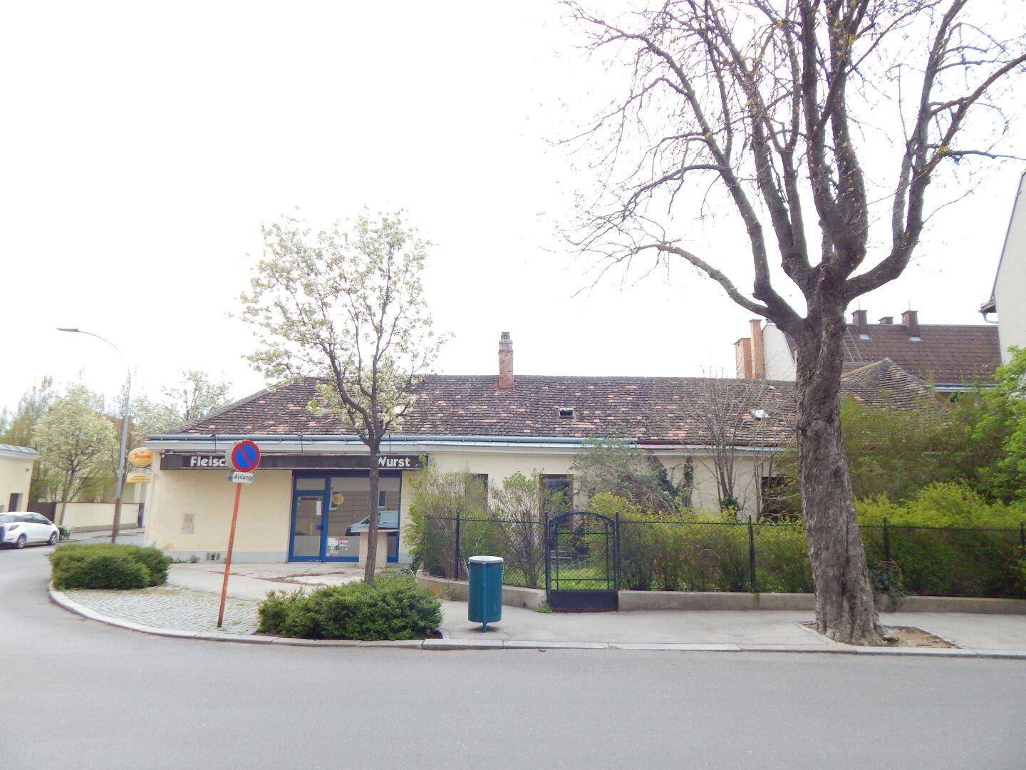 Ansicht des Gebäudes von der Straße mit einem Geschäft und einem großen Baum.