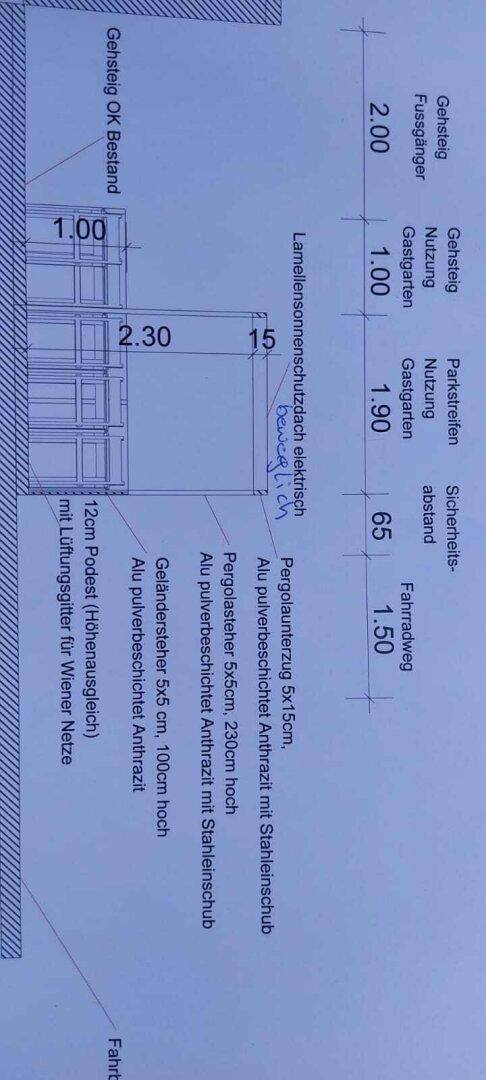 Detaillierter technischer Plan mit Maßen für den Gastgarten und die Pergola.