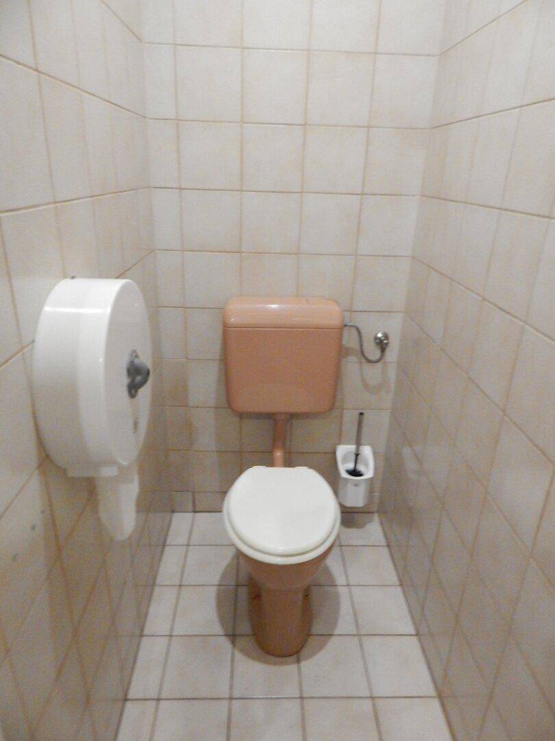 Toilettenkabine mit einer Toilette in beigem Farbton und hellen Fliesen an den Wänden.