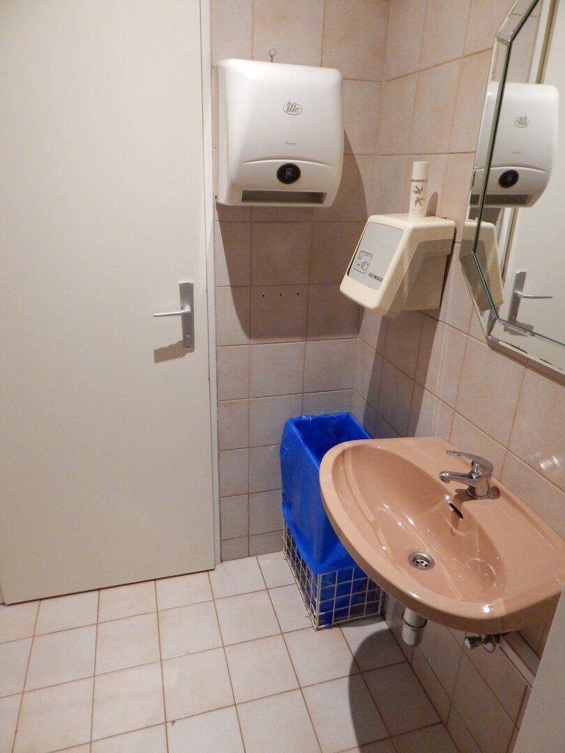 Waschbereich in einer öffentlichen Toilette mit Waschbecken, Spiegel, Händetrockner und Papierspender.