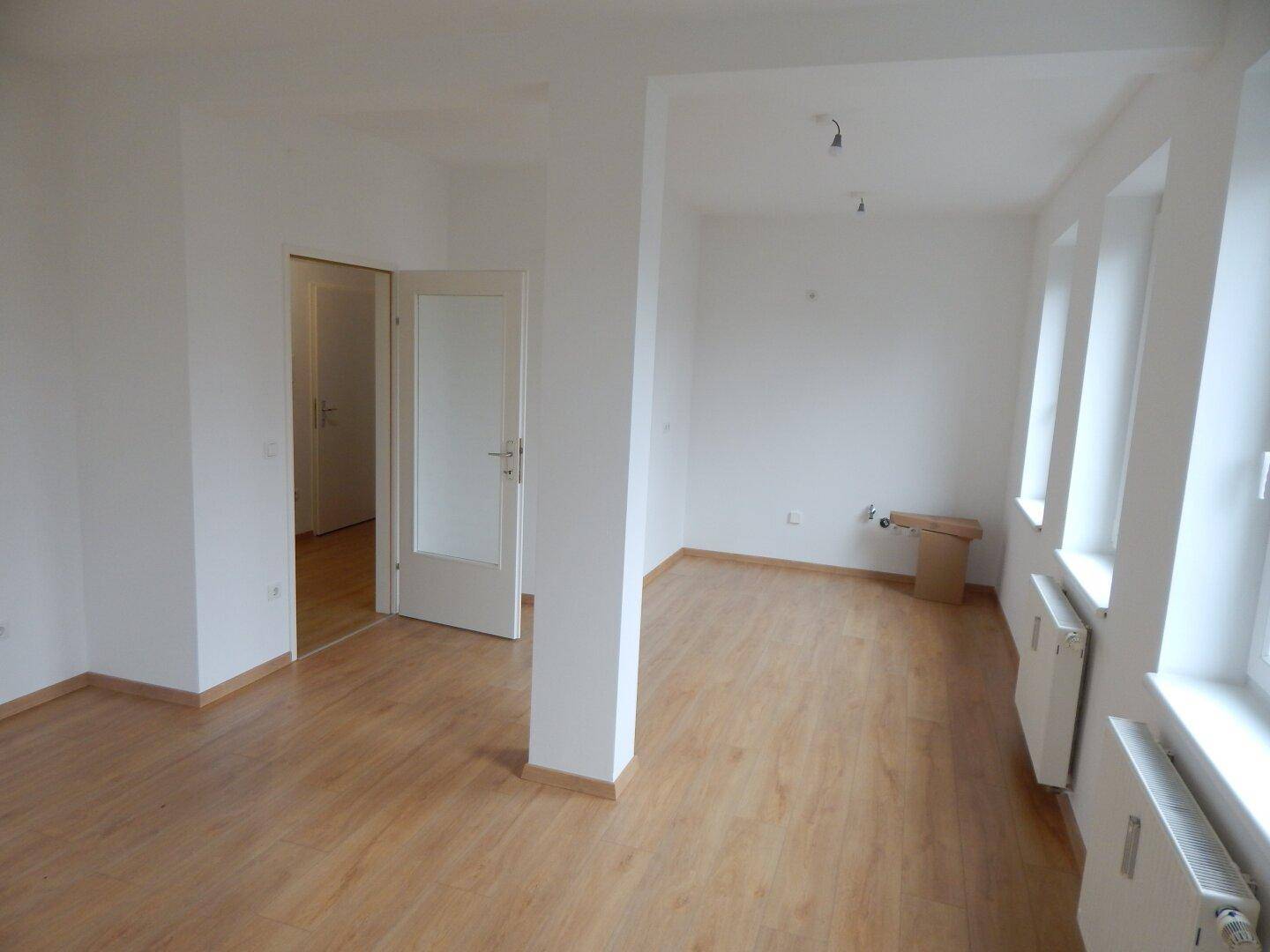 Geräumiges, helles Zimmer mit Laminatboden, weißen Wänden und mehreren Fenstern.