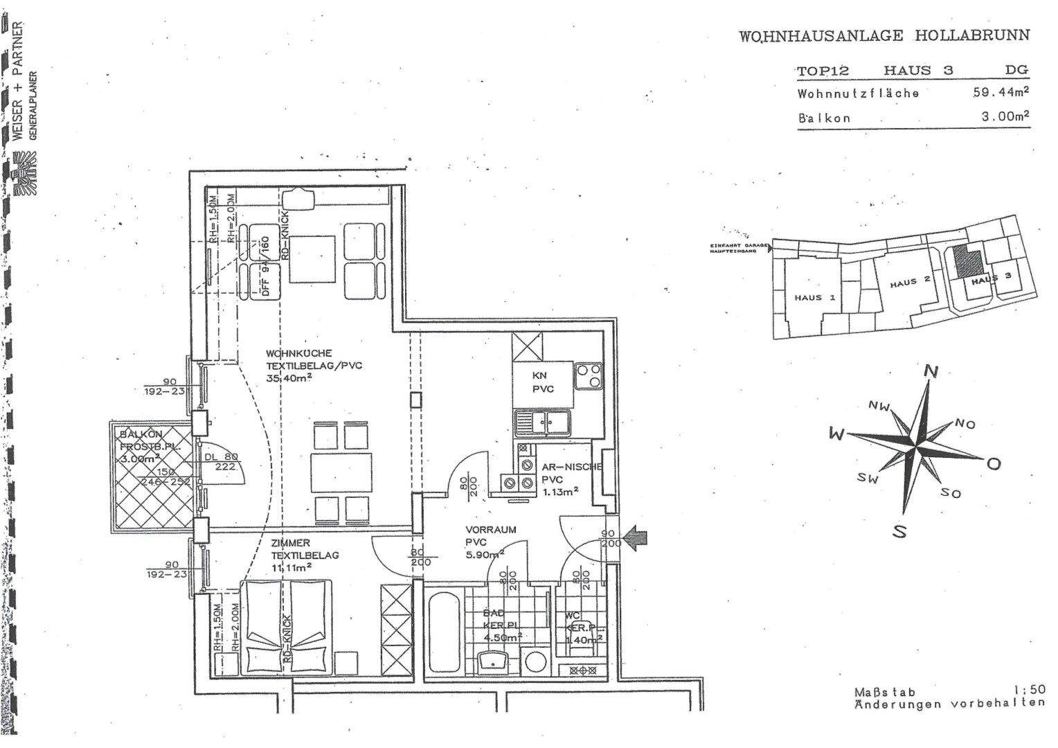 Grundriss der Wohnung Top 12 in Haus 3 mit 50,44m² Wohnnutzfläche und Balkon.