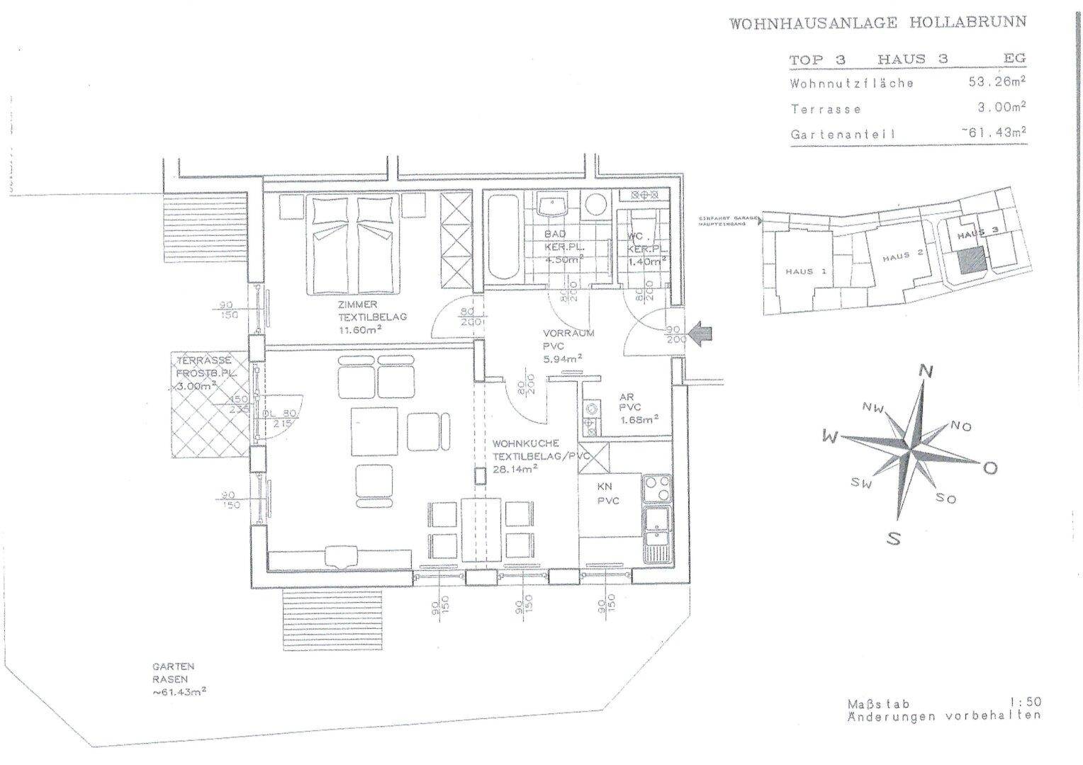 Grundriss der Wohnung Top 3, Haus 3, mit 53.26m² Wohnnutzfläche, Terrasse und Gartenanteil.