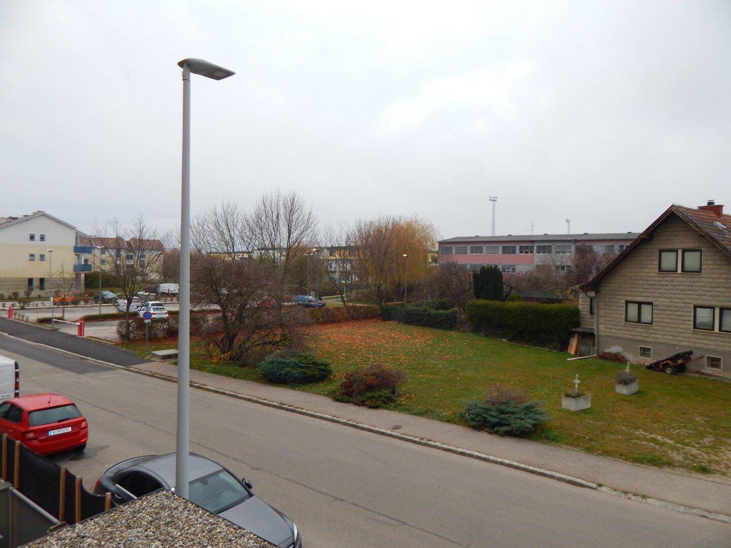 Blick auf eine Wohngegend mit Grünflächen, Bäumen und einer Straße.