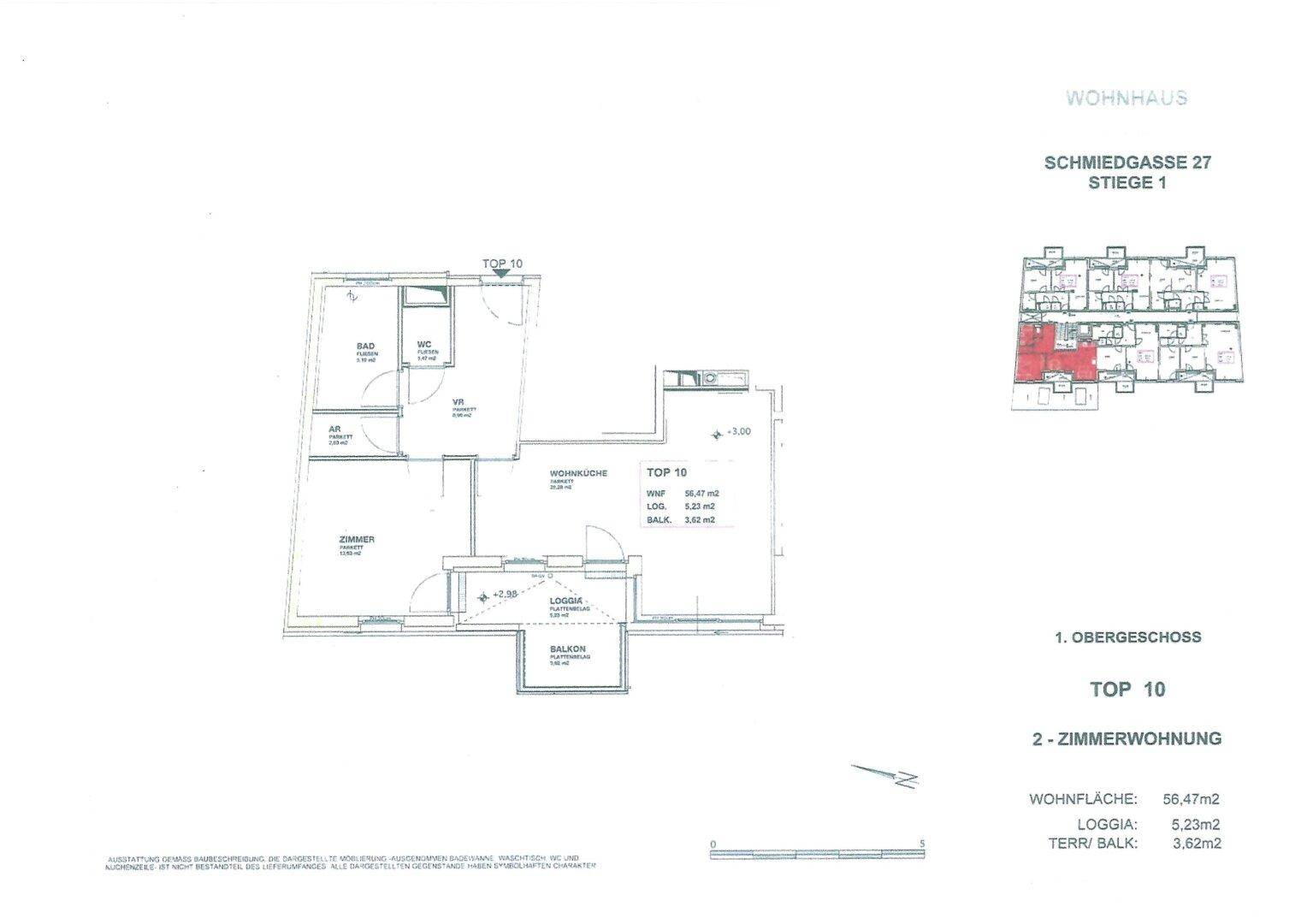 Grundriss der Wohnung Top 10 im 1. Obergeschoss mit Loggia und Balkon.