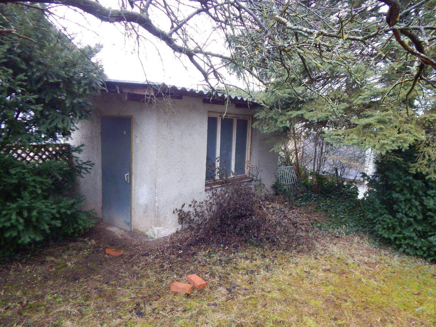 Kleiner Gartenschuppen mit Fenster und Tür, umgeben von Vegetation, für Lagerzwecke.
