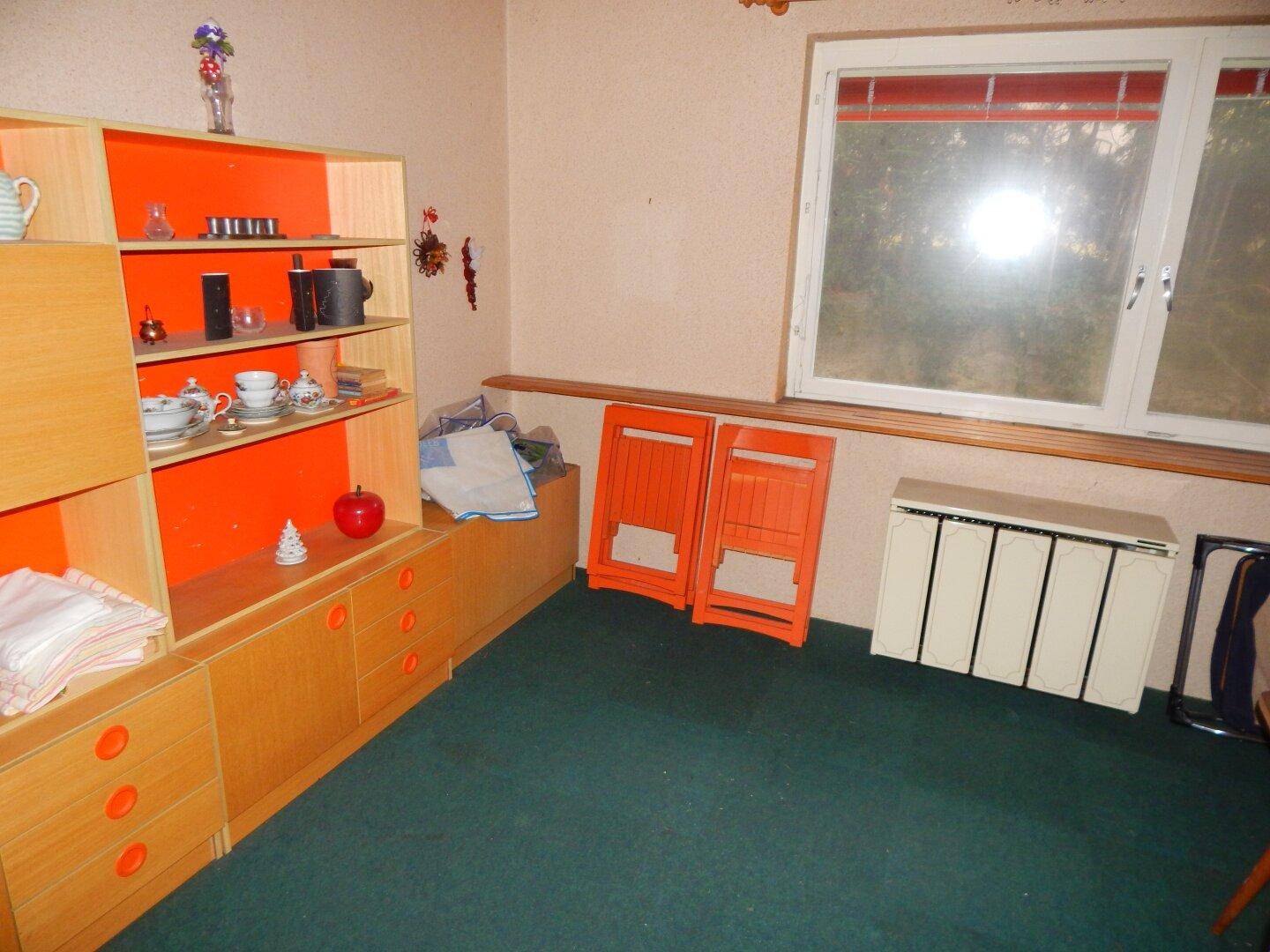 Wohnzimmer mit grünem Teppichboden, Holzregalen und großem Fenster, mit Renovierungsbedarf.