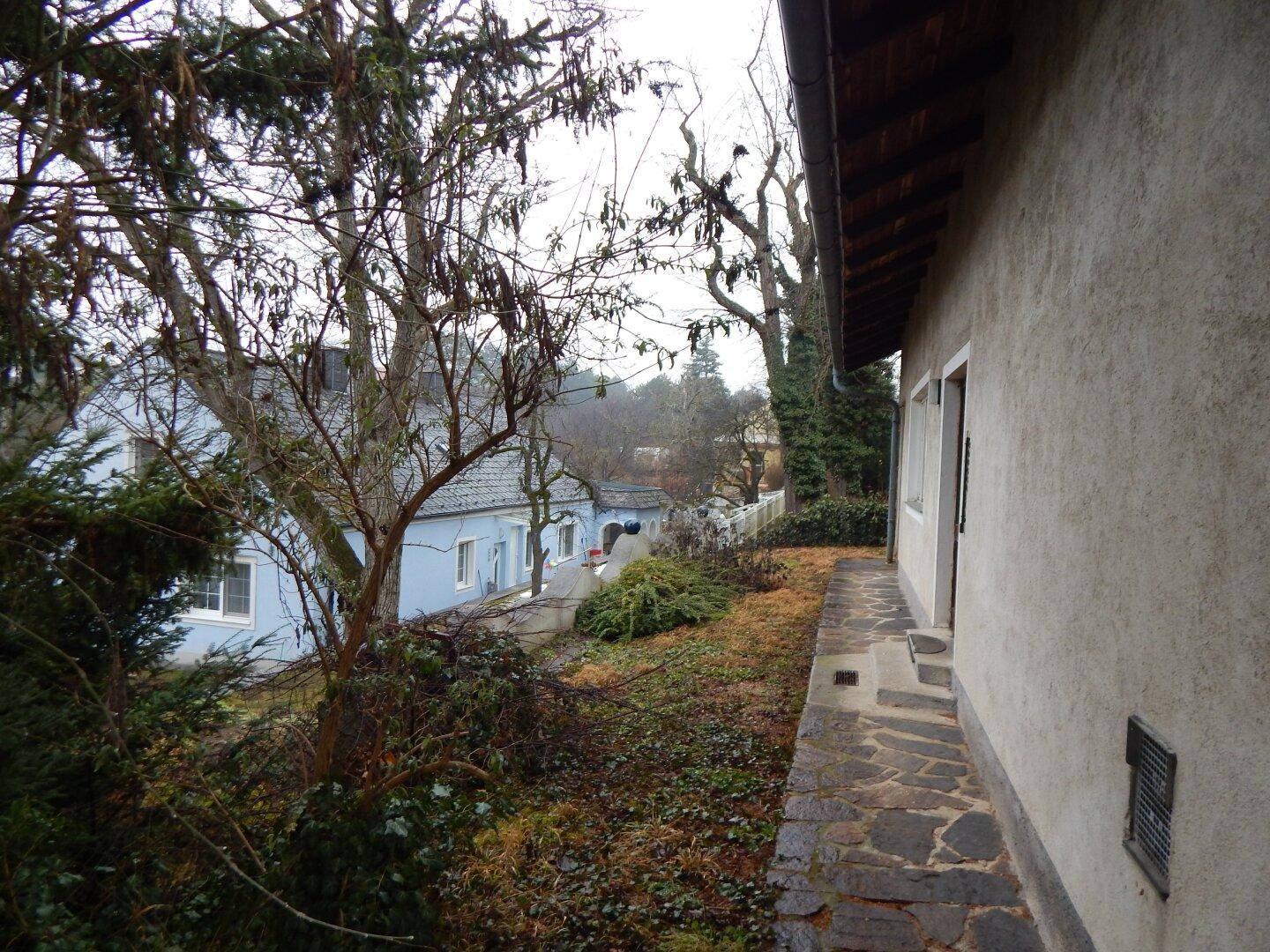 Seitlicher Weg entlang des Hauses mit Blick auf die Nachbarschaft und Bäume.