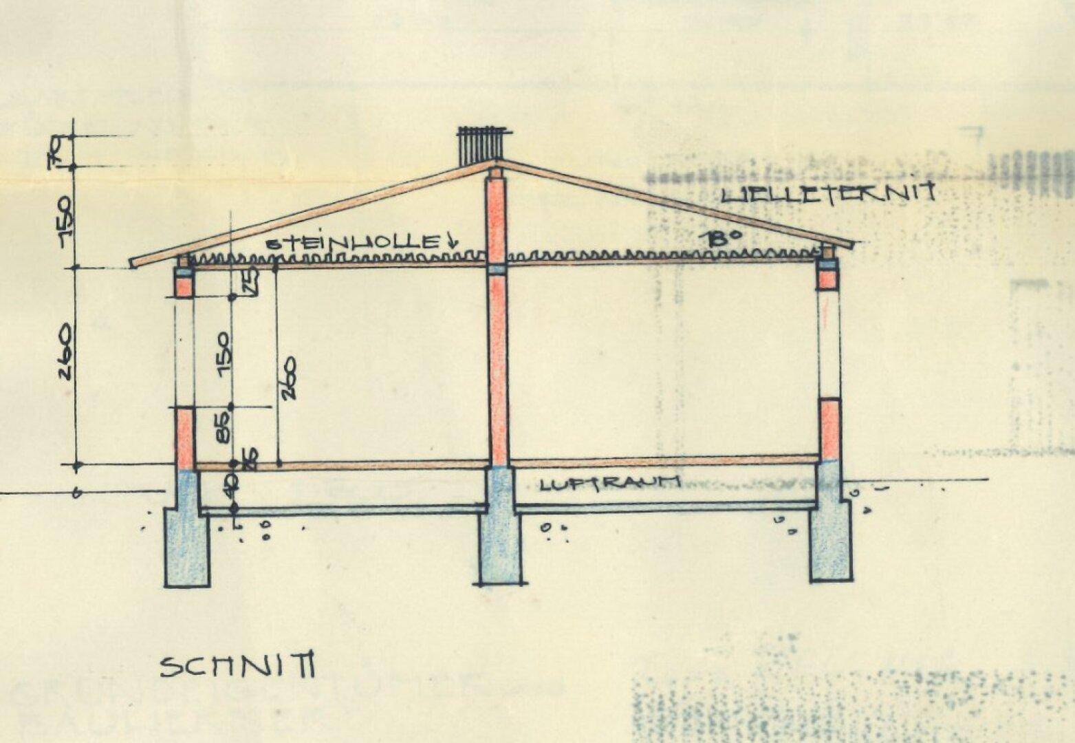 Schnittzeichnung des Hauses zeigt die Dachkonstruktion und die Geschosshöhen.