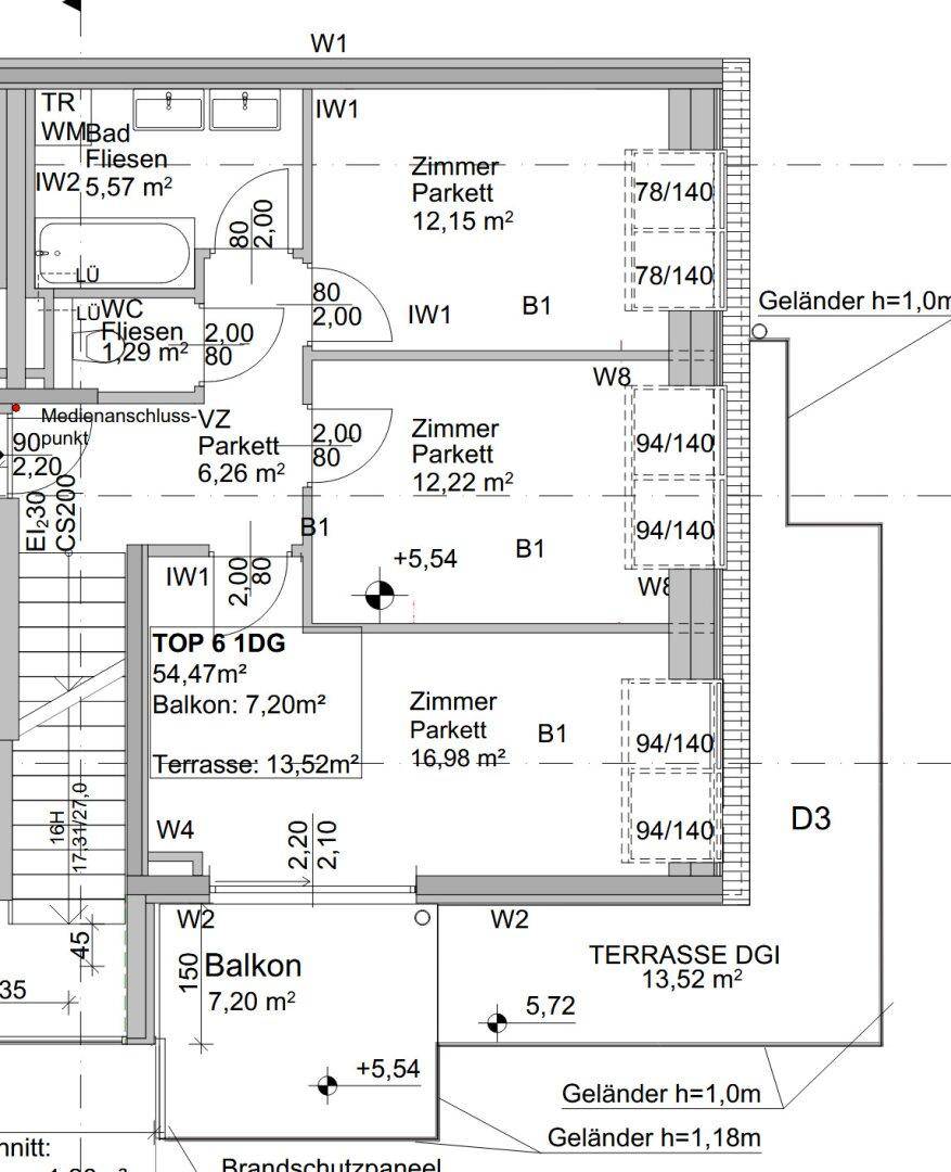 Grundriss von TOP 6 1DG mit drei Zimmern, Bad, separatem WC, Balkon und großer Terrasse.