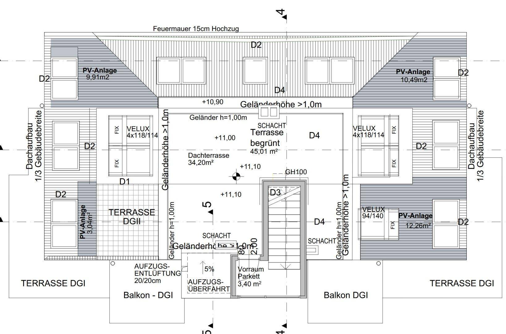 Grundriss des Dachgeschosses mit begrünter Dachterrasse und Photovoltaikanlagen.