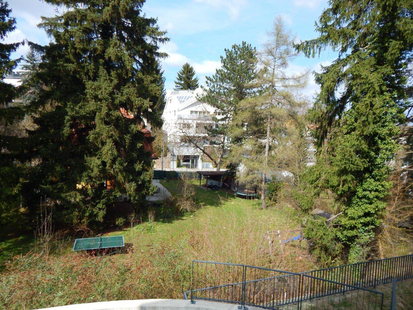 Blick auf einen grünen Gartenbereich mit Spielgeräten und hohen, alten Bäumen.